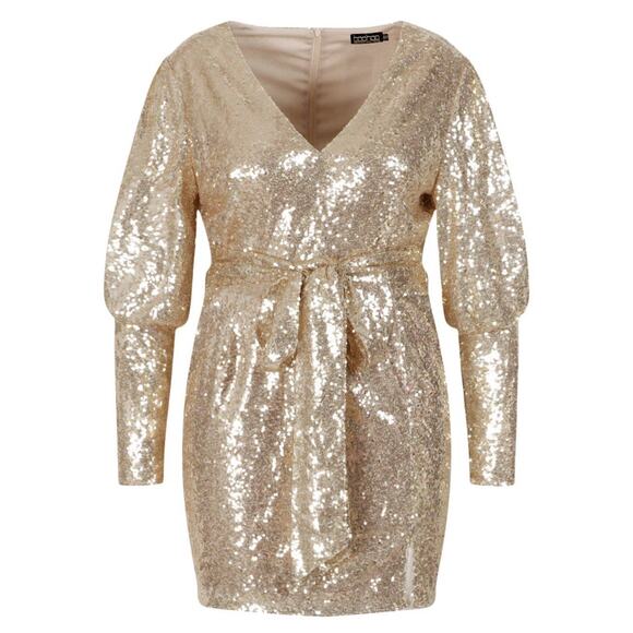 Sequin Puff Sleeve Tie Belted Mini Dress- Size 20 - Picture 1 of 6